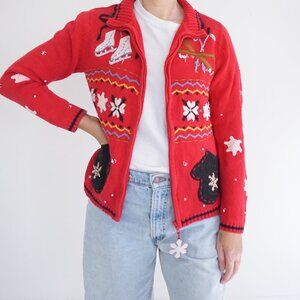 Vintage Kakit Winter Ski Snowflake Festive Cardigan Holiday Retro 90s Sweater S